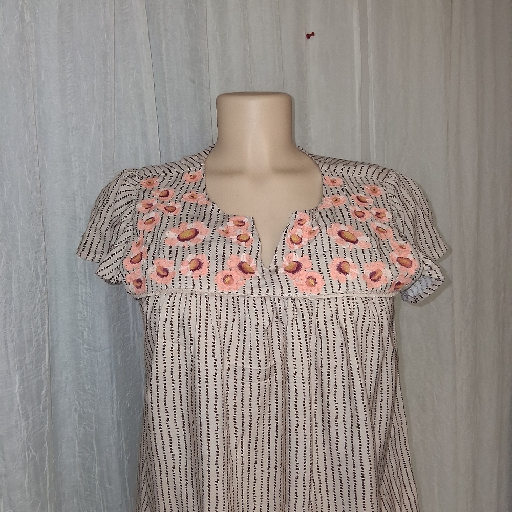 Tribal Women's Blouse Bohemian Chic with Pink Floral Embroidery Size M - Picture 4 of 14